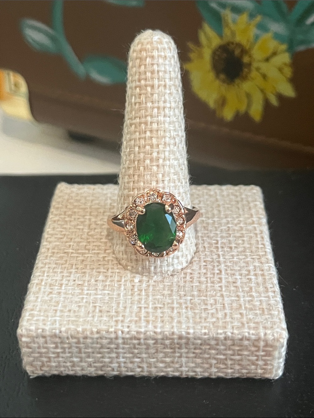 Green Oval Halo Ring in Rose Gold Finish